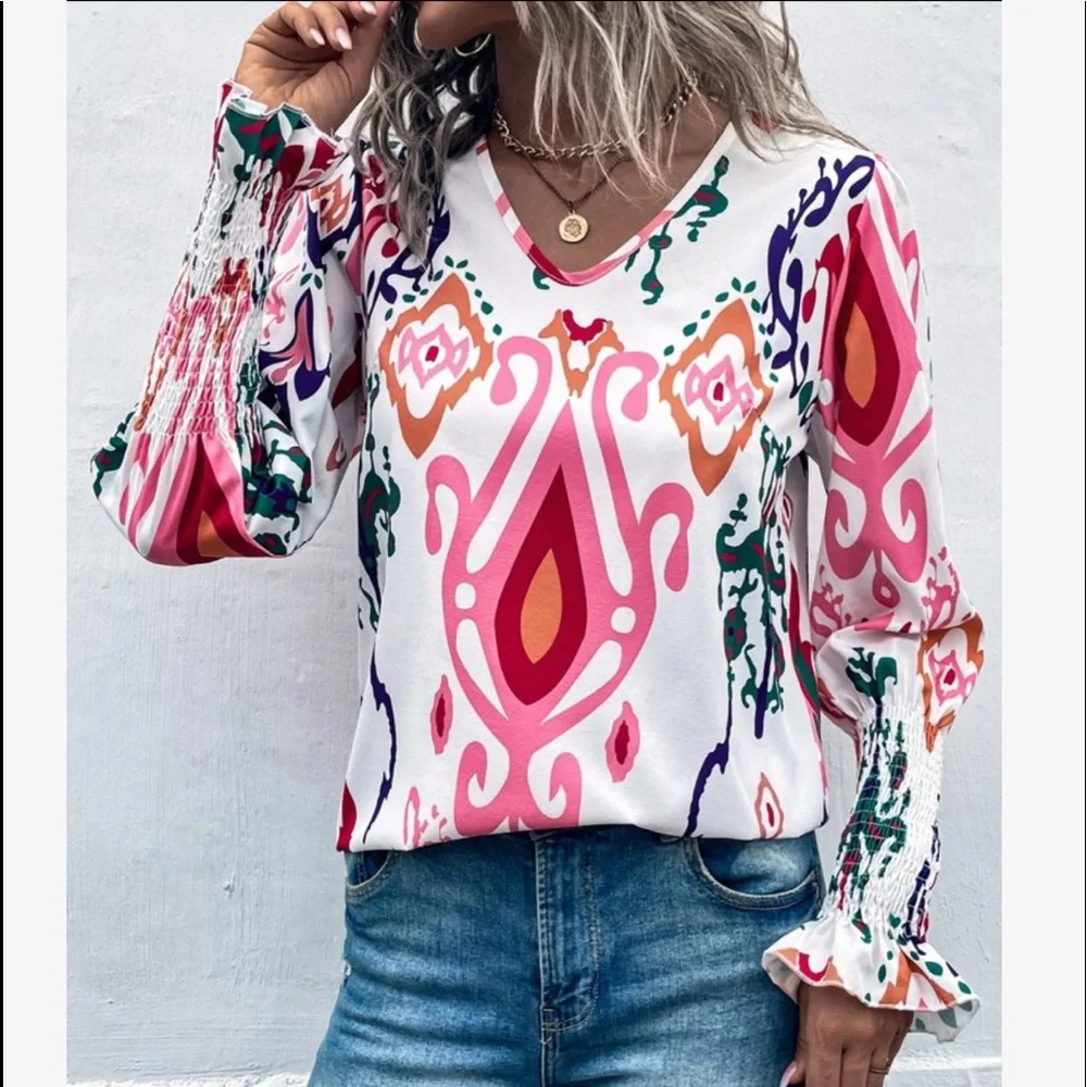 Boho Abstract Shirred Smocked Cuff Long Sleeve Top Blouse - Picture 6 of 6